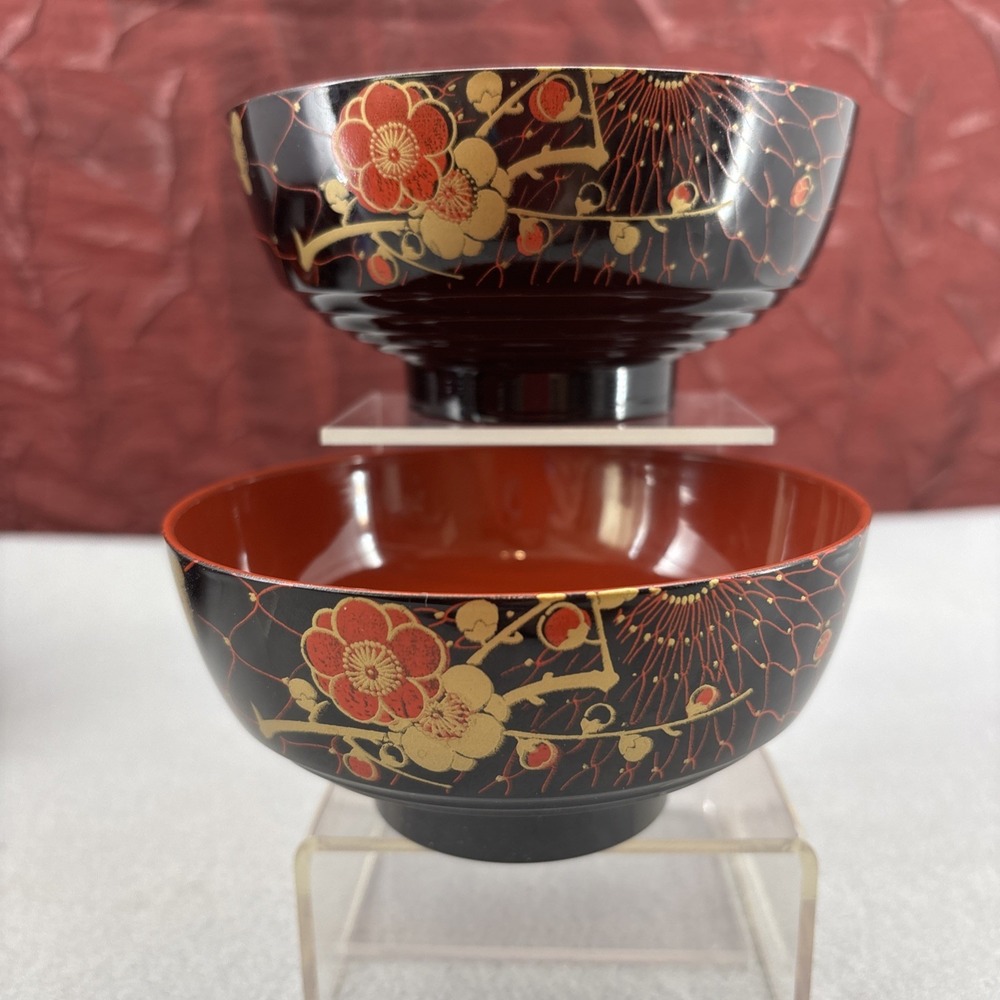 Japanese Lacquerware Bowls Soup Rice Noodles Red Black Gold Floral Miso Japan - Picture 9 of 16